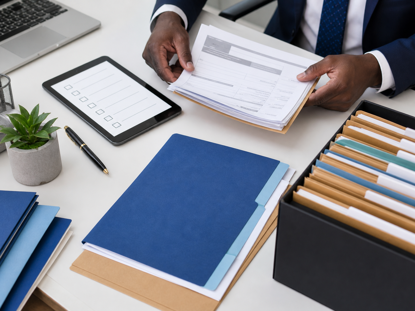 Compliance professional reviewing statutory business documents at a desk